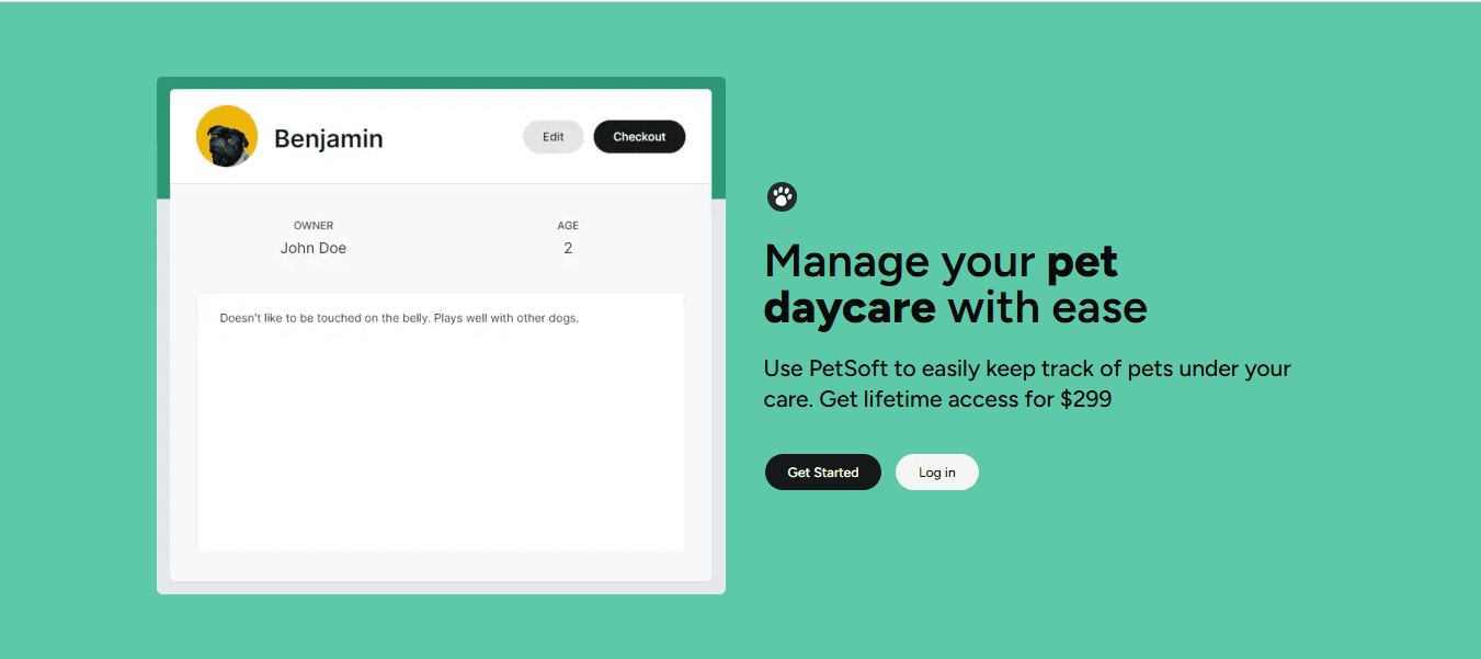 PetSoft pet daycare management dashboard showing real-time scheduling and pet records