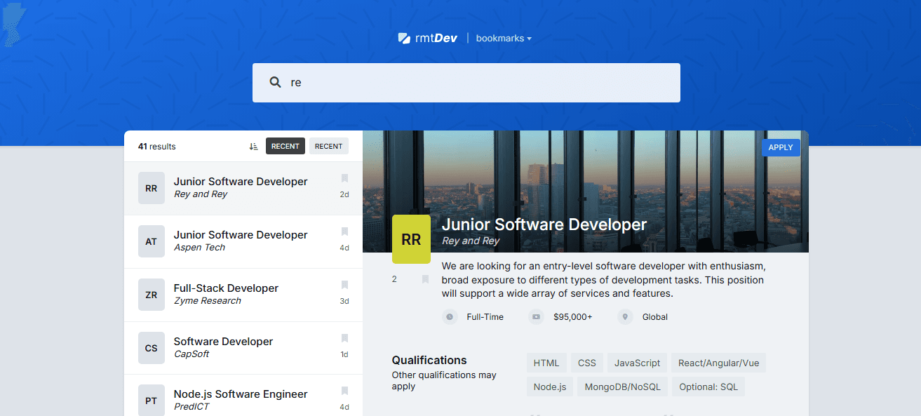 RemoteDev job board showing instant search and filtering for remote developer jobs